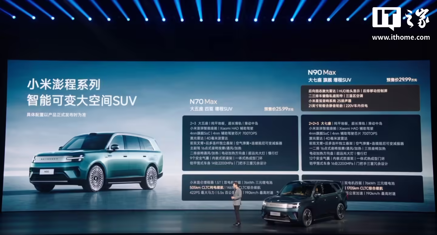 25.99 万元！小米澎程 N70 Max 大五座四驱增程 SUV 预售价格公布