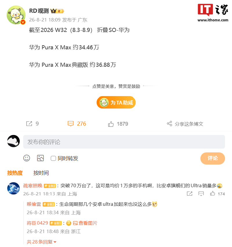 消息称华为 Pura X Max 系列横阔折手机销量破 70 万台，标准版与典藏版差距明显缩小 ...