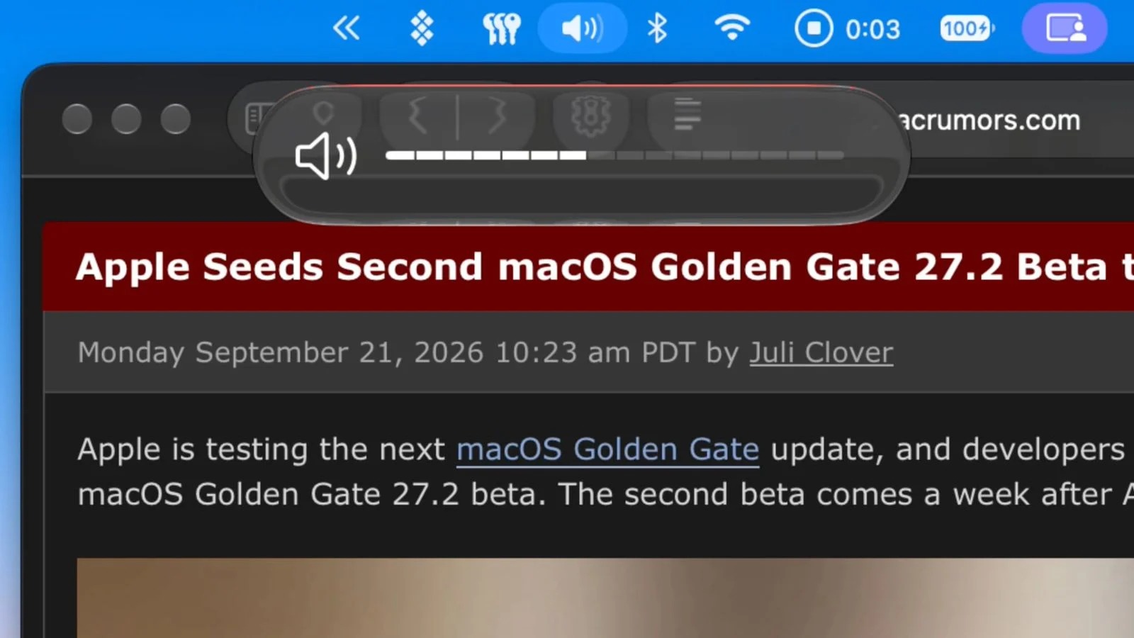 苹果 macOS 27.2 Beta 2 系统带来全新亮度、音量滑块，16 段条形设计