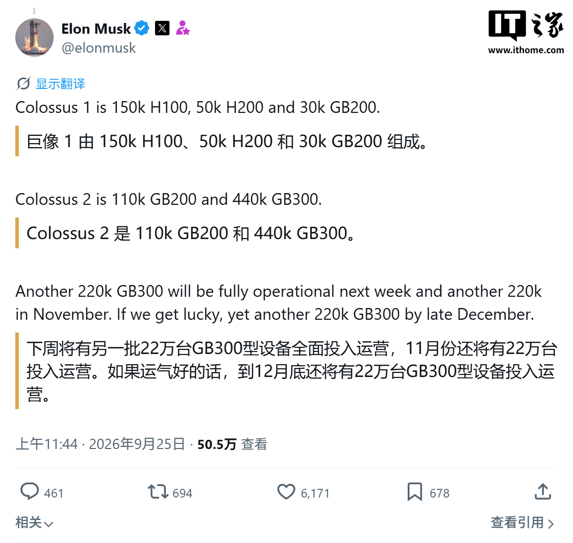 马斯克秀 AI 算力：计划年底前配 110 万张英伟达 GB300，目标约 6 个月跻身行业领先