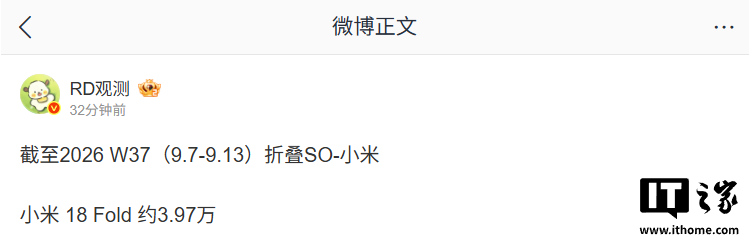 小米 18 Fold 中折叠首销情况曝光：9 月 7 日-13 日约 3.97 万台