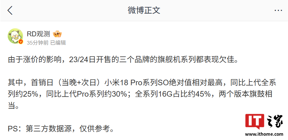 消息称由于涨价影响，9 月 23 / 24 日开售的三个品牌旗舰手机系列都表现欠佳