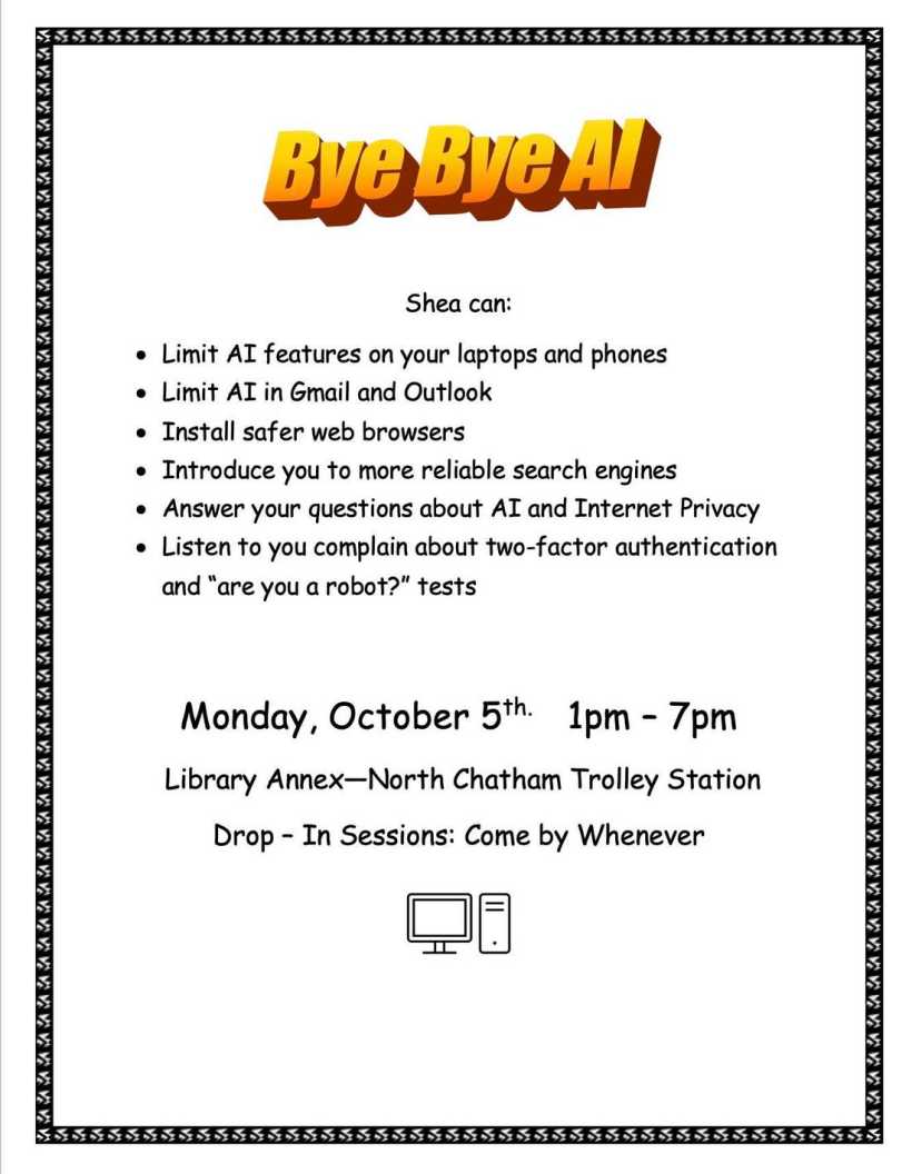Flyer titled “Bye Bye AI” advertises drop-in sessions about limiting AI features and internet privacy.