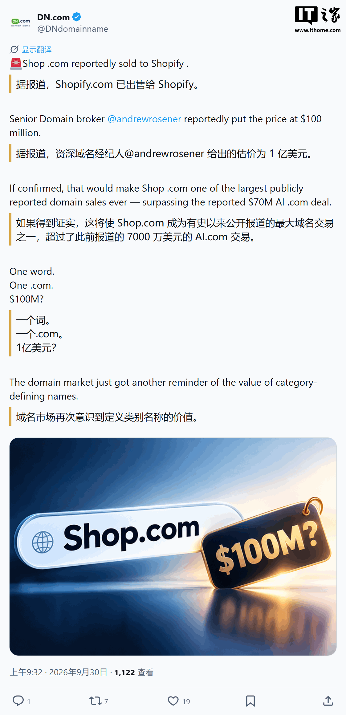 超 AI.com 成史上最大域名交易：消息称 Shopify 豪掷 1 亿美元收购 SHOP.COM