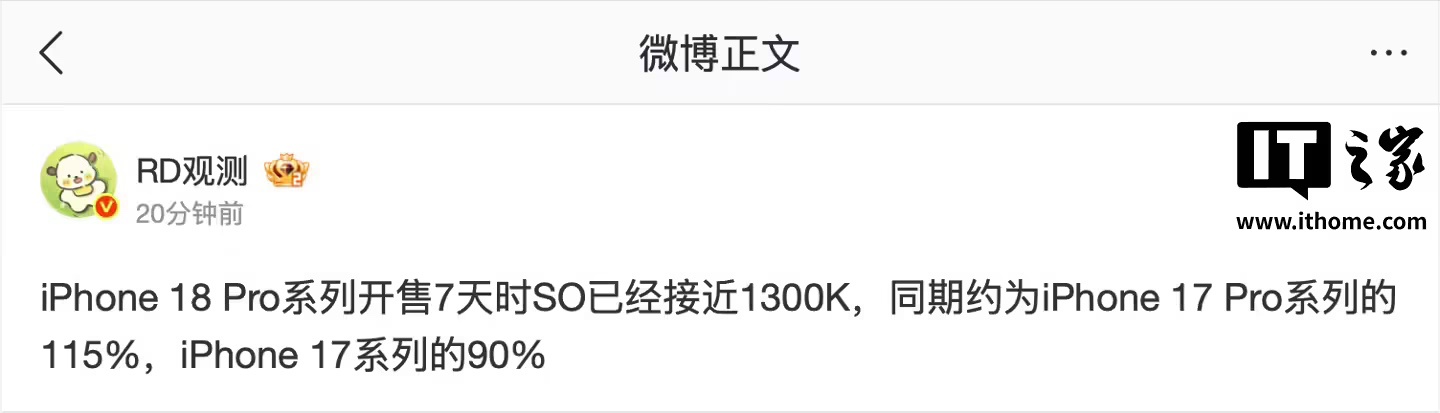消息称苹果 iPhone 18 Pro 系列手机开售不到 14 天，国内销量突破 200 万