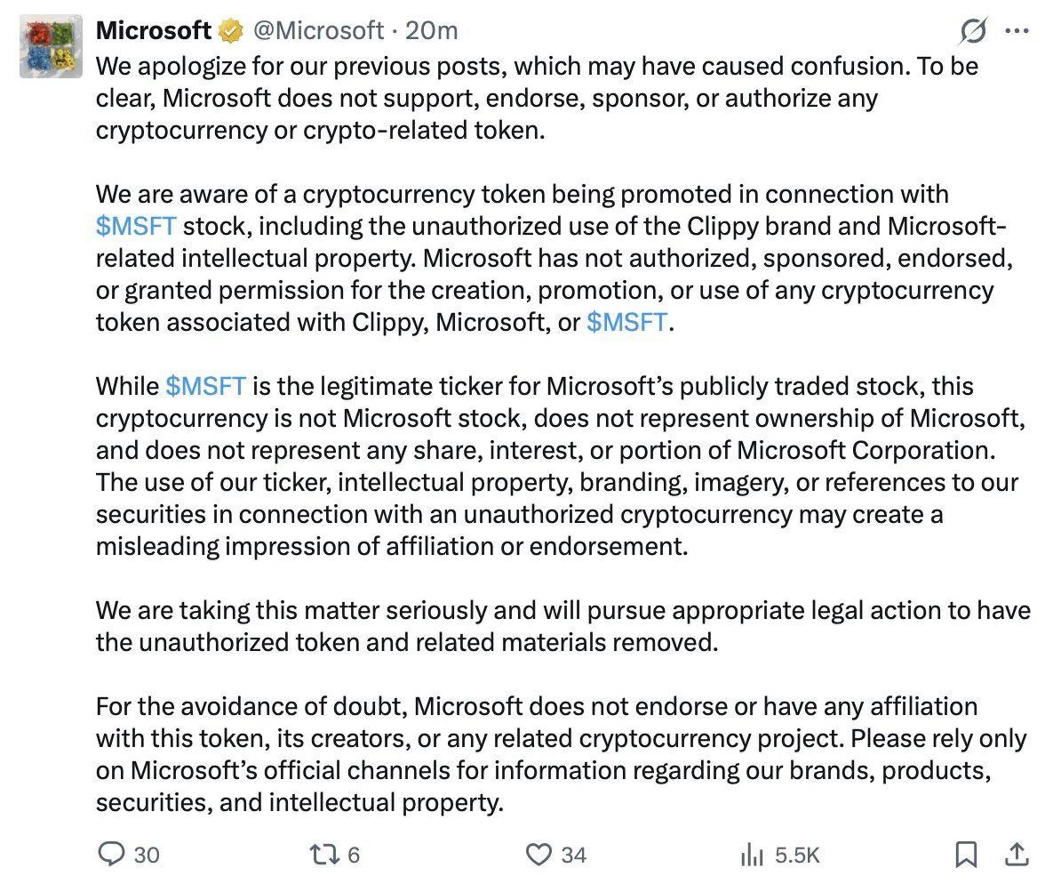 微软官方 X 账号被劫持约 30 分钟，攻击者借“点赞 50 万回归 Clippy”炒作加密代币