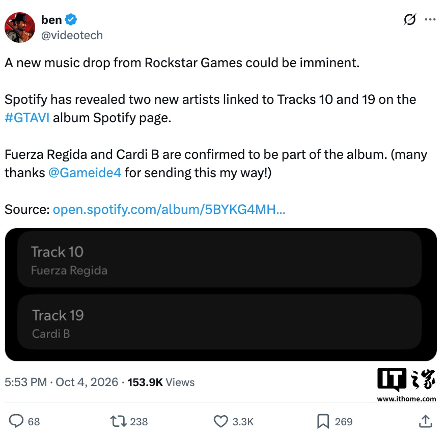 Spotify 提前泄露《GTA 6》原声带艺人信息：Cardi B 与 Fuerza Regida 确认加入阵容