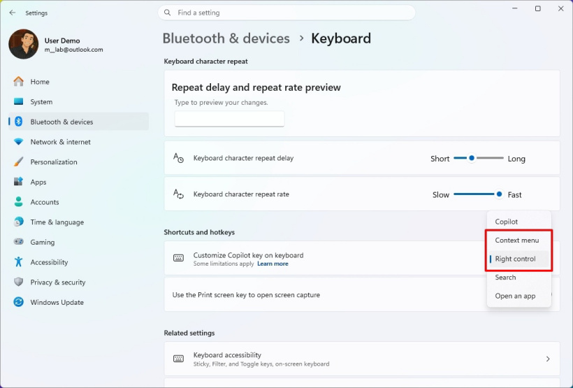 Settings app on the Keyboard page showing the new Copilot key options.