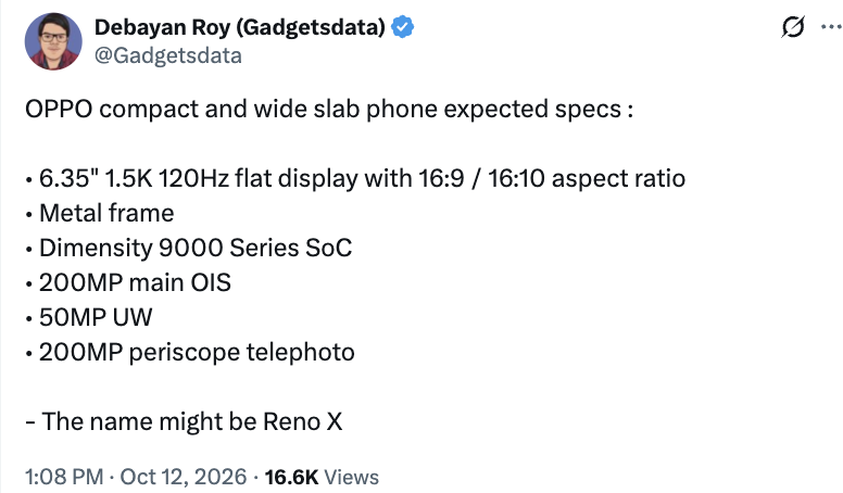 消息称 OPPO 阔屏直板新机命名为 Reno X：金属边框、搭 6.35 英寸 120Hz 面板