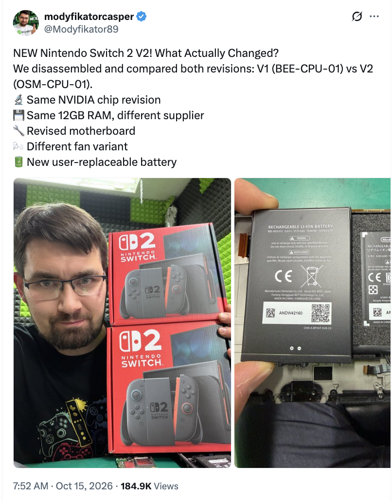技术人员拆解任天堂 Switch 2 可换电池版：仍使用群创光电面板、内存供应商有所变化